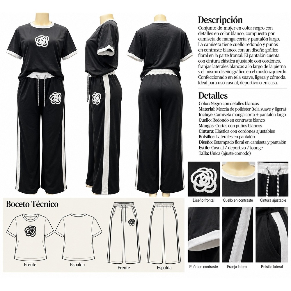 Conjunto deportivo/casual de mujer en color negro con detalles blancos